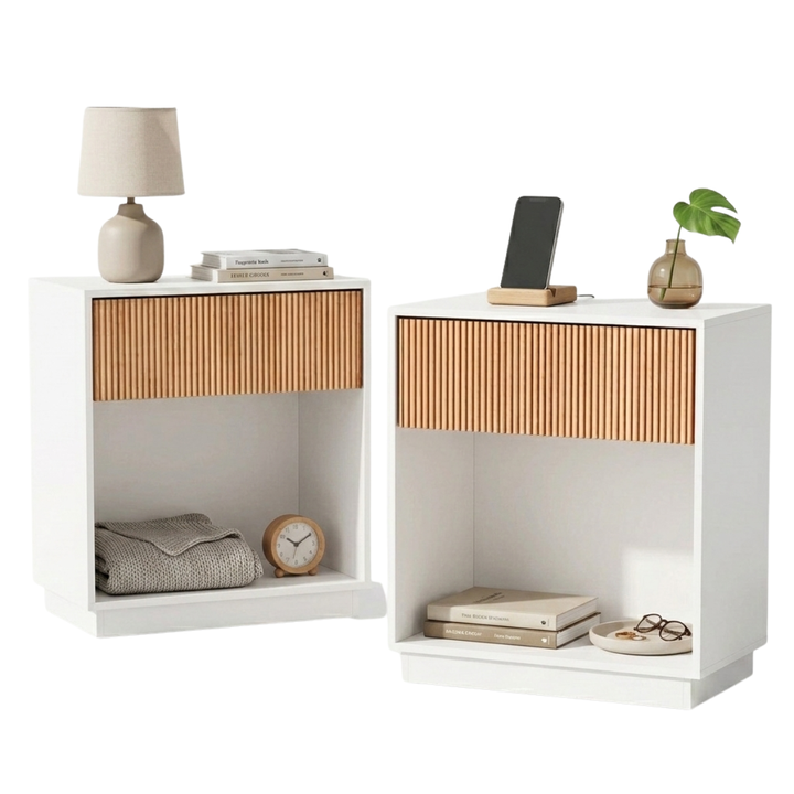 Set de 2 Veladores Blanco y Madera Acanalado Forli