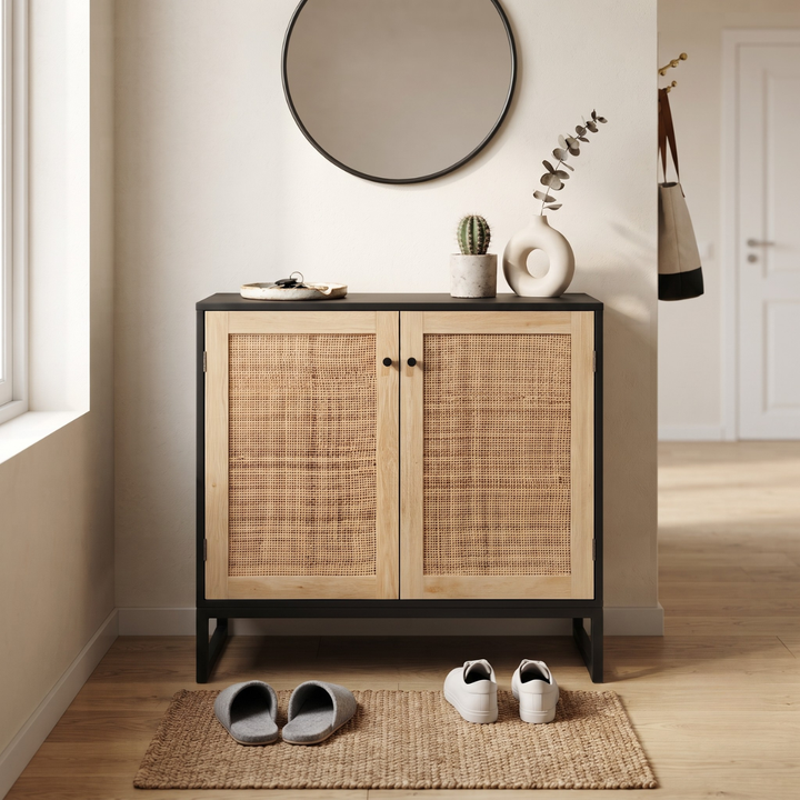 Aparador Buffet de color madera clara y negro con dos puertas de ratán y base de metal negro en estilo nórdico.