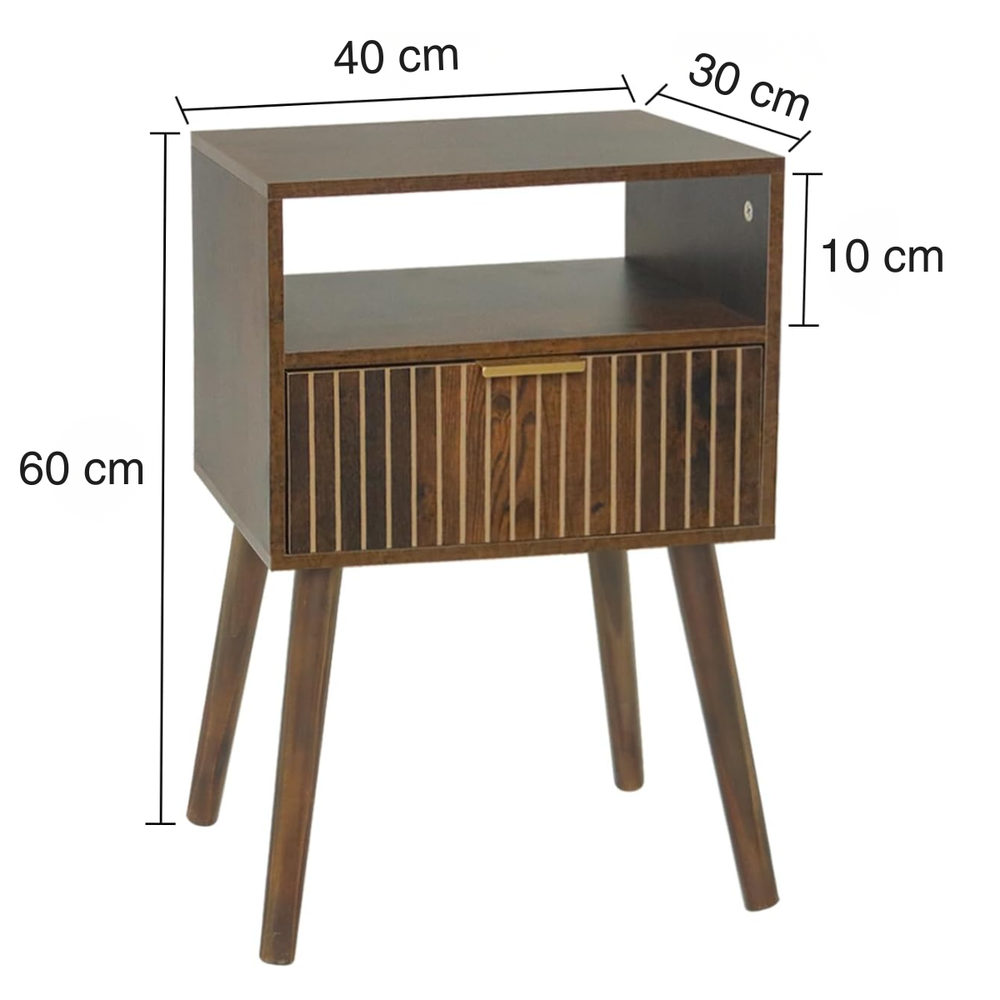 Medidas del velador Teramo: 40 cm de ancho, 30 cm de fondo y 60 cm de alto, con nicho de 10 cm