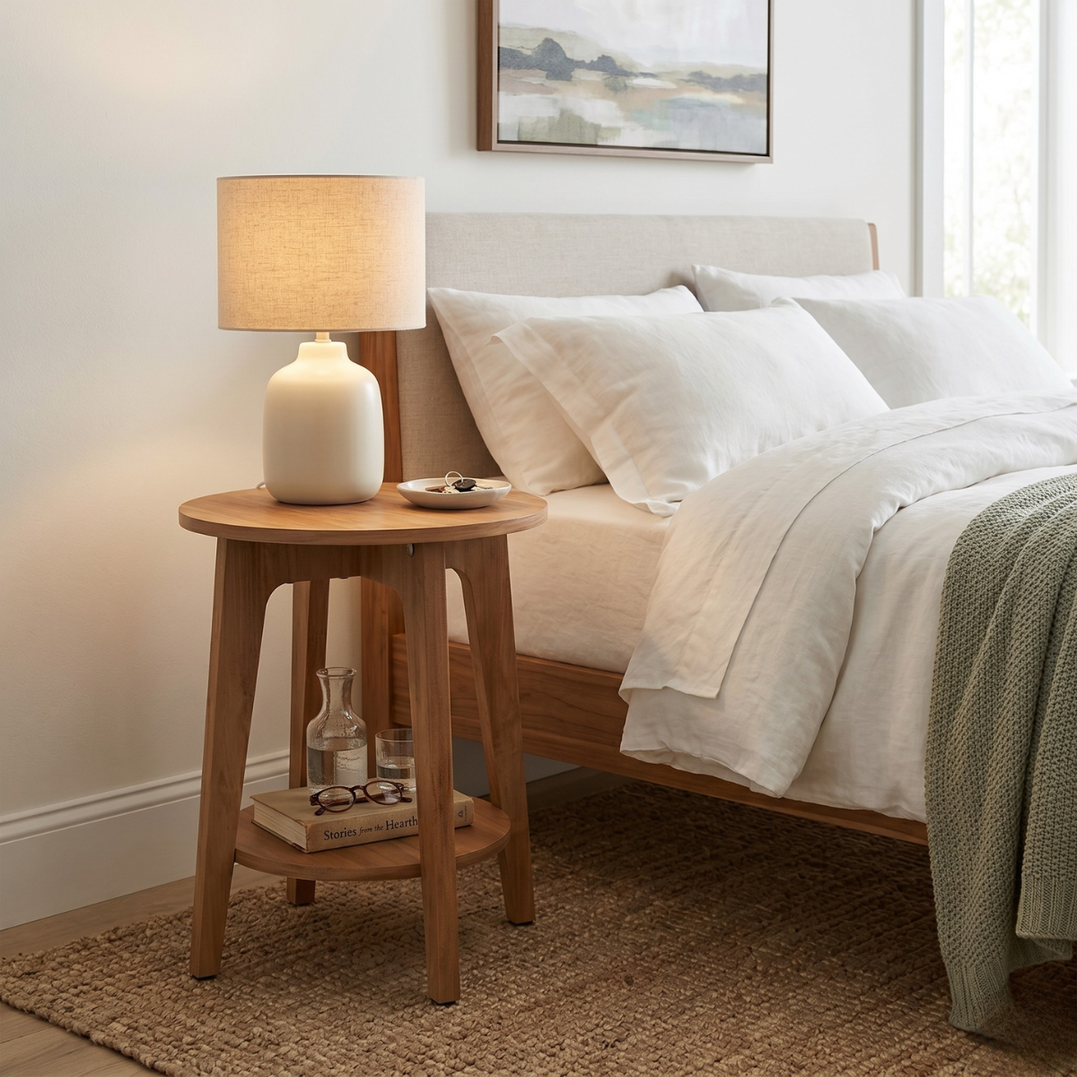 Mesa auxiliar redonda de madera Ange como velador junto a la cama