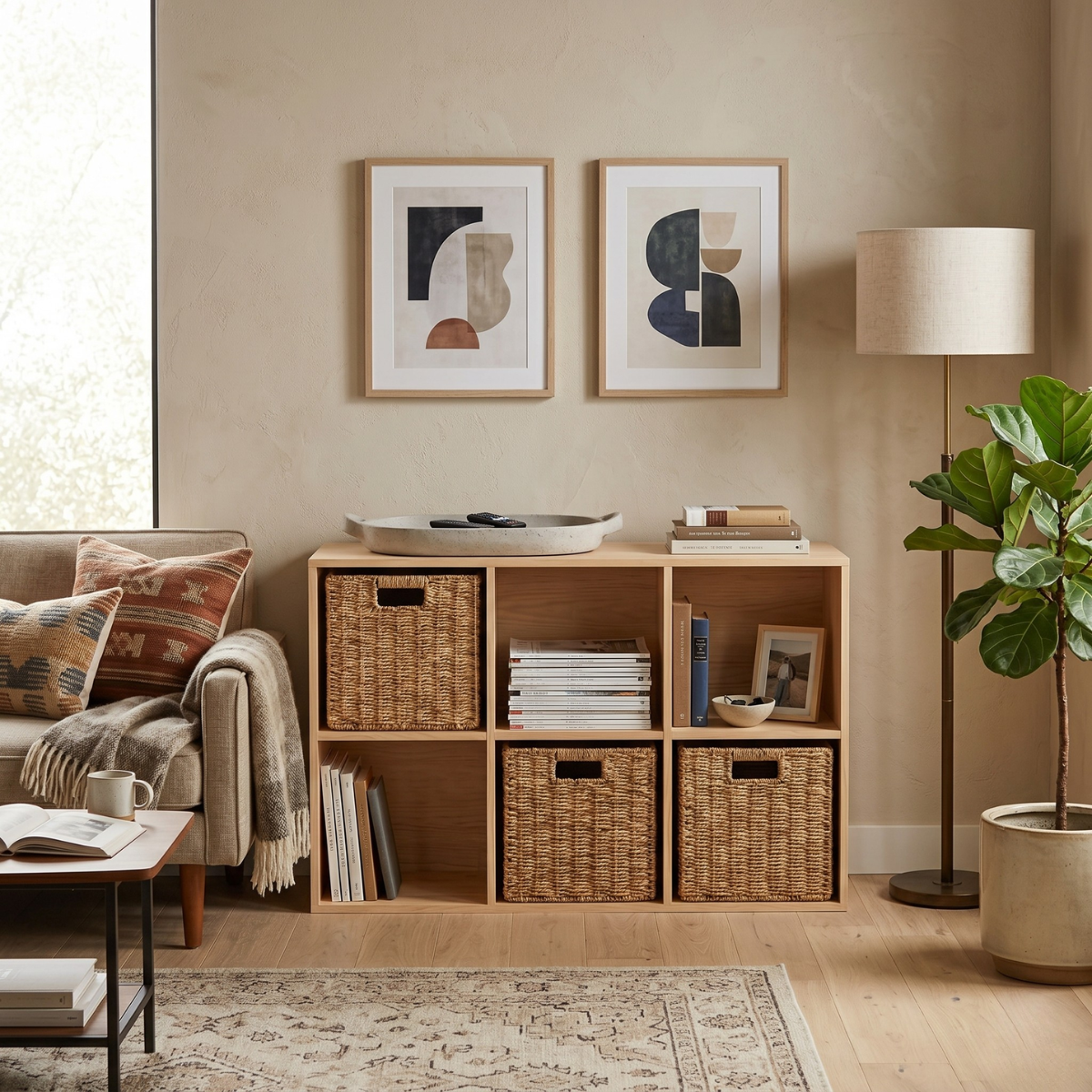 Mueble organizador Siena de 6 cubos con canastos de mimbre en un living