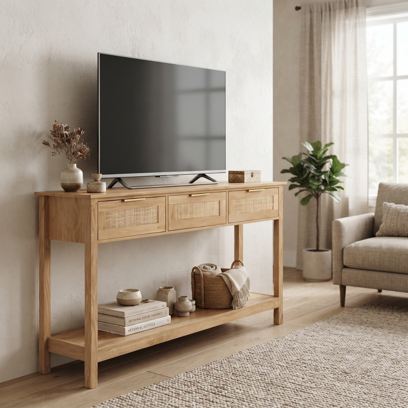También bajo la TV · Mueble Recibidor Arrimo Ratán Arezzo