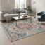 Alfombra decorativa rectangular con diseño persa vintage en tonos azulados y tierra.