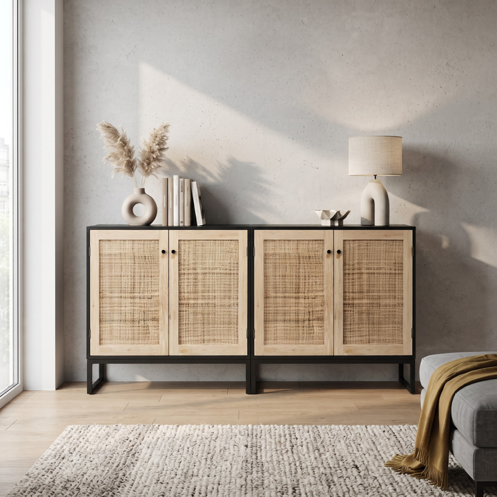 Aparador Buffet de color madera clara y negro con dos puertas de ratán y base de metal negro en estilo nórdico.