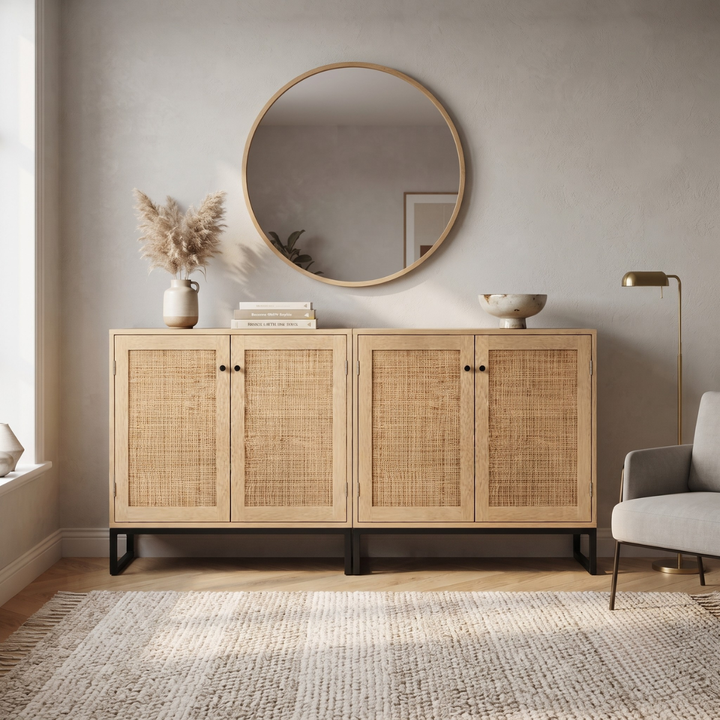 Aparador Buffet de color madera clara con dos puertas de ratán y base de metal negro en estilo nórdico.