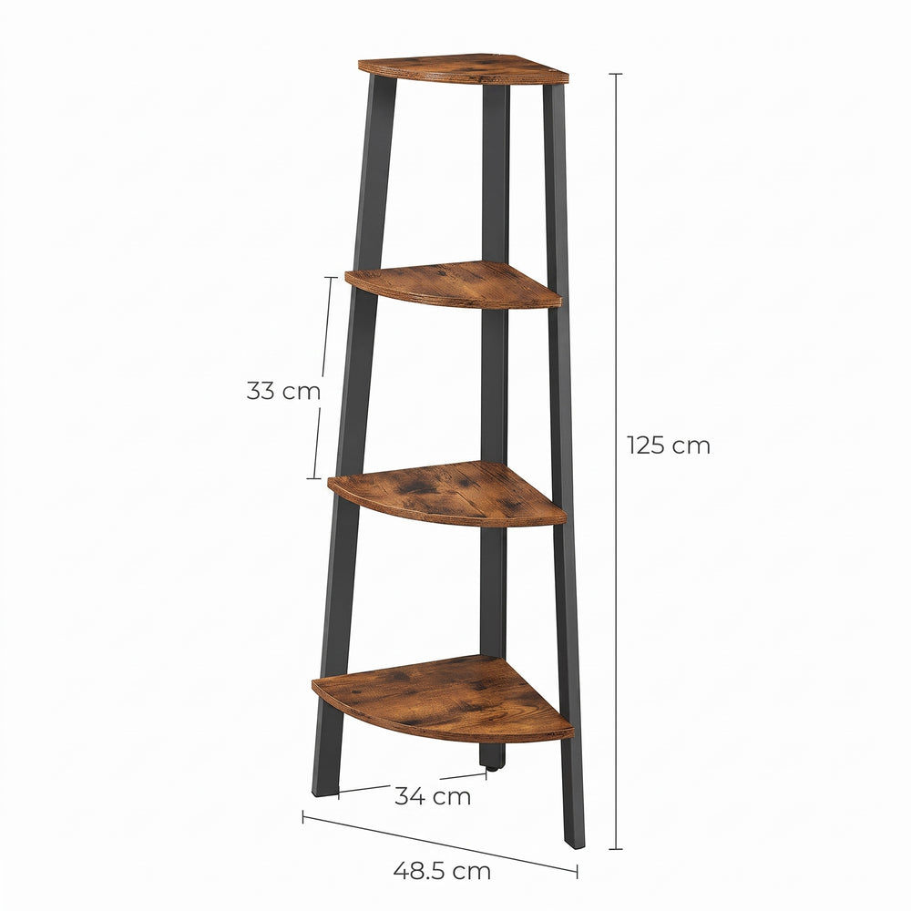 Medidas del estante esquinero Feroe: 34 cm por lado, 48,5 cm de frente y 125 cm de alto