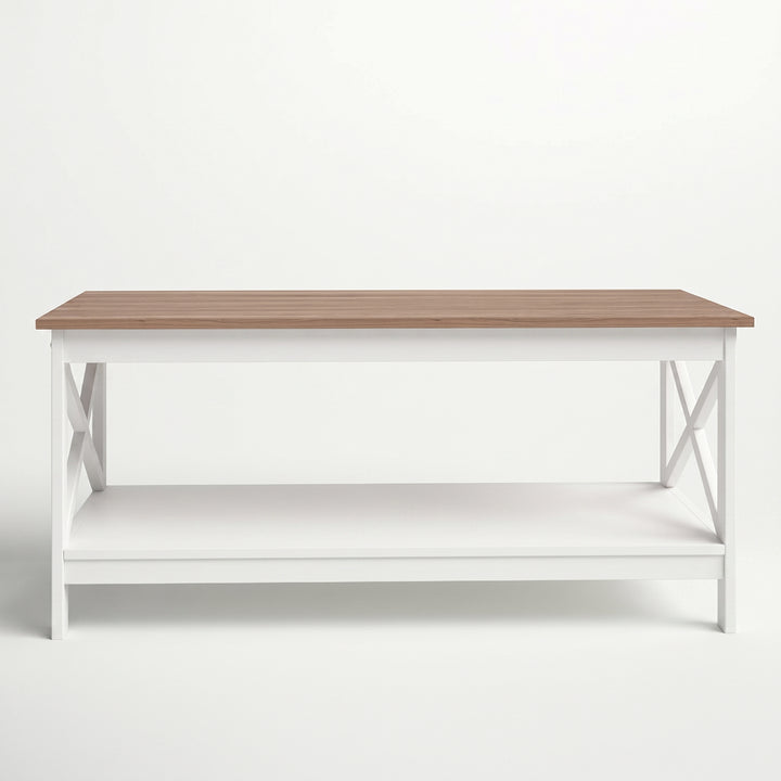 Mesa centro rectangular blanca con cubierta marrón de estilo farmhouse