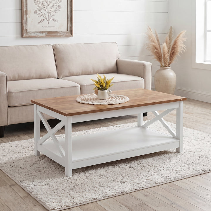 Mesa centro rectangular blanca con cubierta marrón de estilo farmhouse