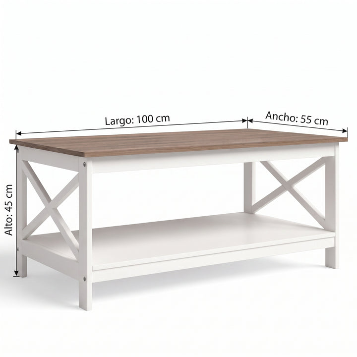 Mesa centro rectangular blanca con cubierta marrón de estilo farmhouse