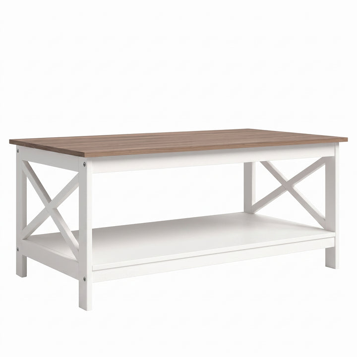 Mesa centro rectangular blanca con cubierta marrón de estilo farmhouse