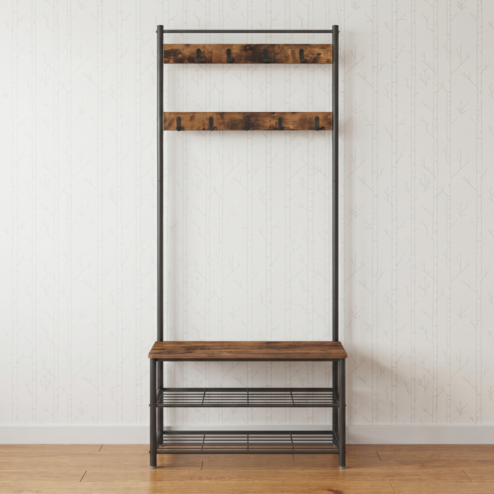 Mueble recibidor industrial con perchero, banca de color madera oscura y zapatero metálico.