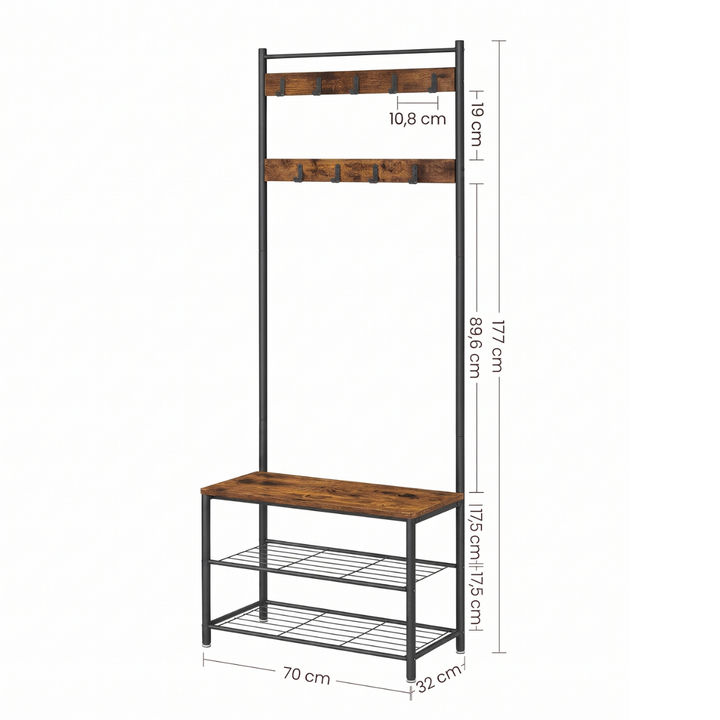 Mueble recibidor industrial con perchero, banca de color madera oscura y zapatero metálico.