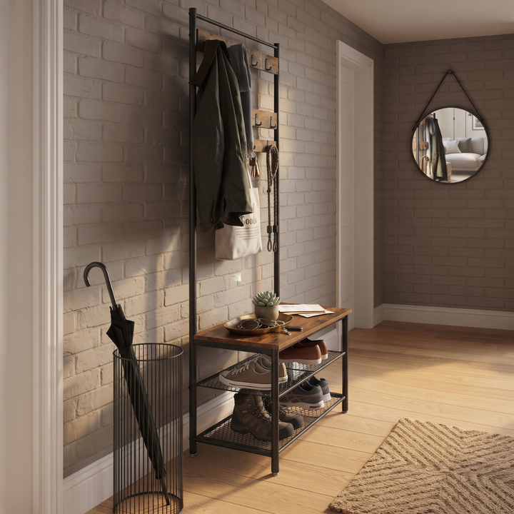Mueble recibidor industrial con perchero, banca de color madera oscura y zapatero metálico.