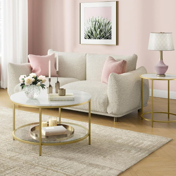 Mesa de Centro Redonda Blanca Marmolada y Dorado Ekero