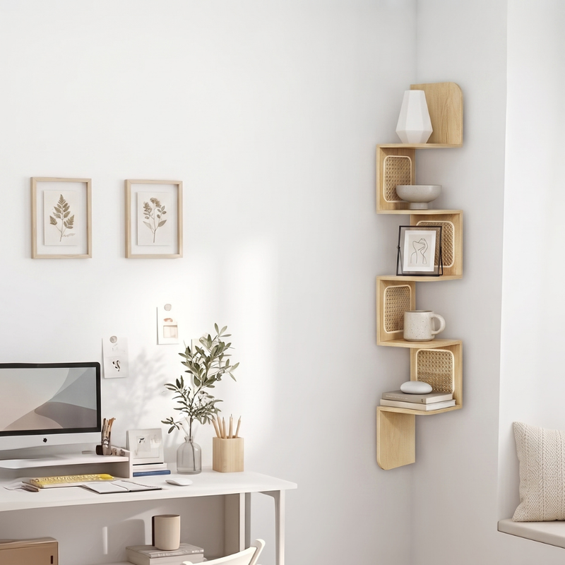 Junto al escritorio · Mueble Estante Esquinero ZigZag Ratán Greve
