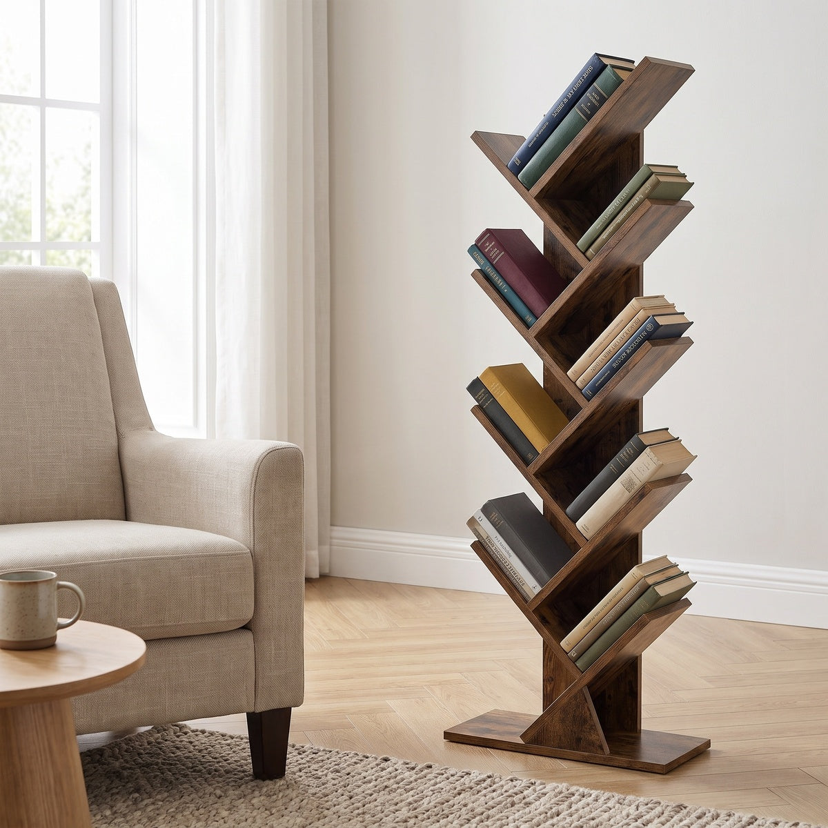Librero árbol Vesterbro con libros junto a un sillón de lectura
