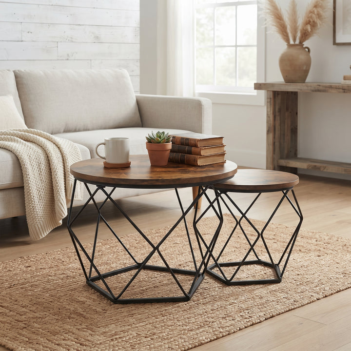 Set 2 Mesas Centro Helsinki Base Hexagonal Estilo Industrial