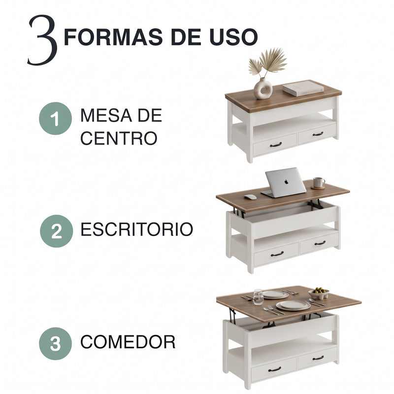 Tres usos · Mesa de Centro Rectangular Elevable Rústica Valencia