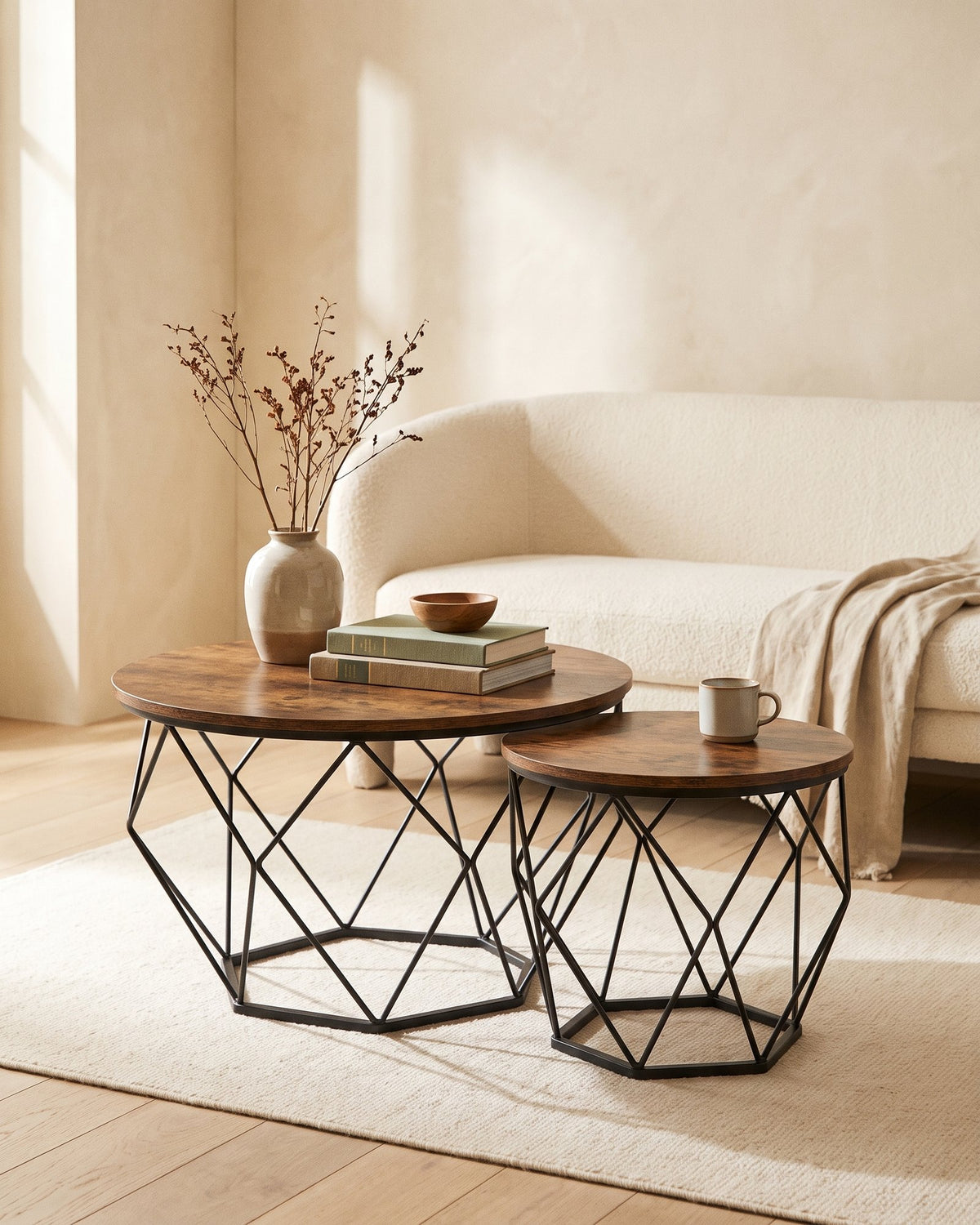 Set 2 Mesas Centro Helsinki Base Hexagonal Estilo Industrial