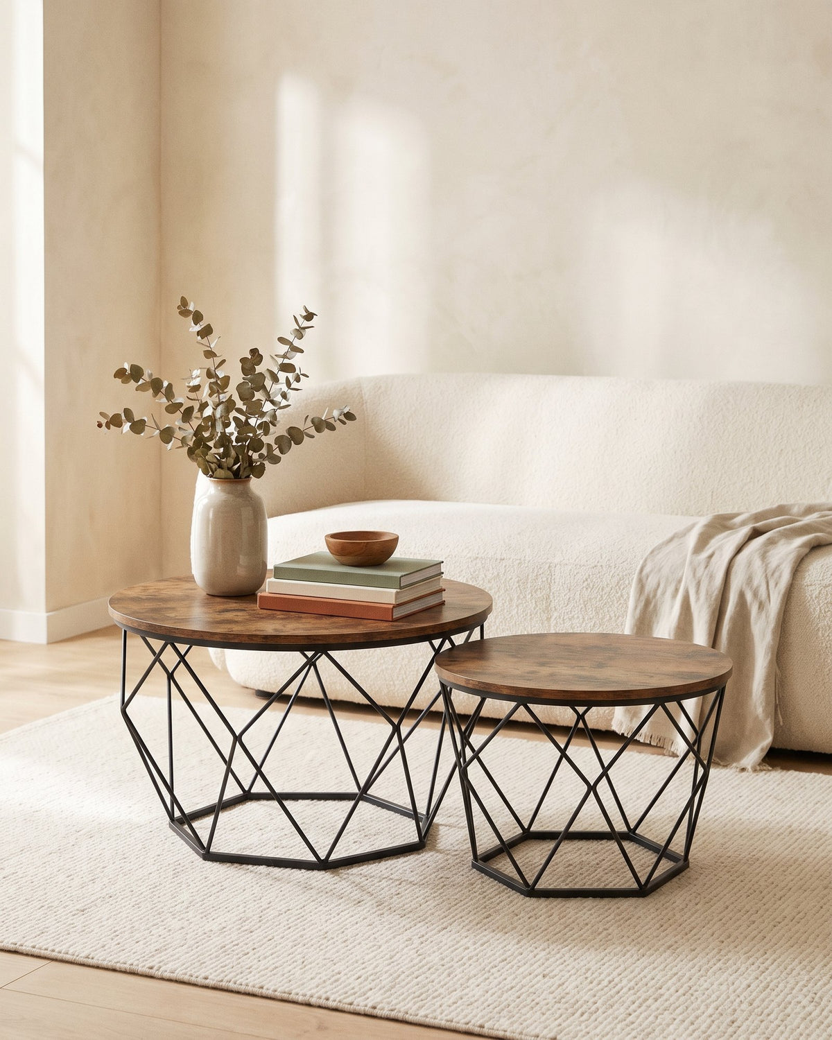 Set 2 Mesas Centro Helsinki Base Hexagonal Estilo Industrial