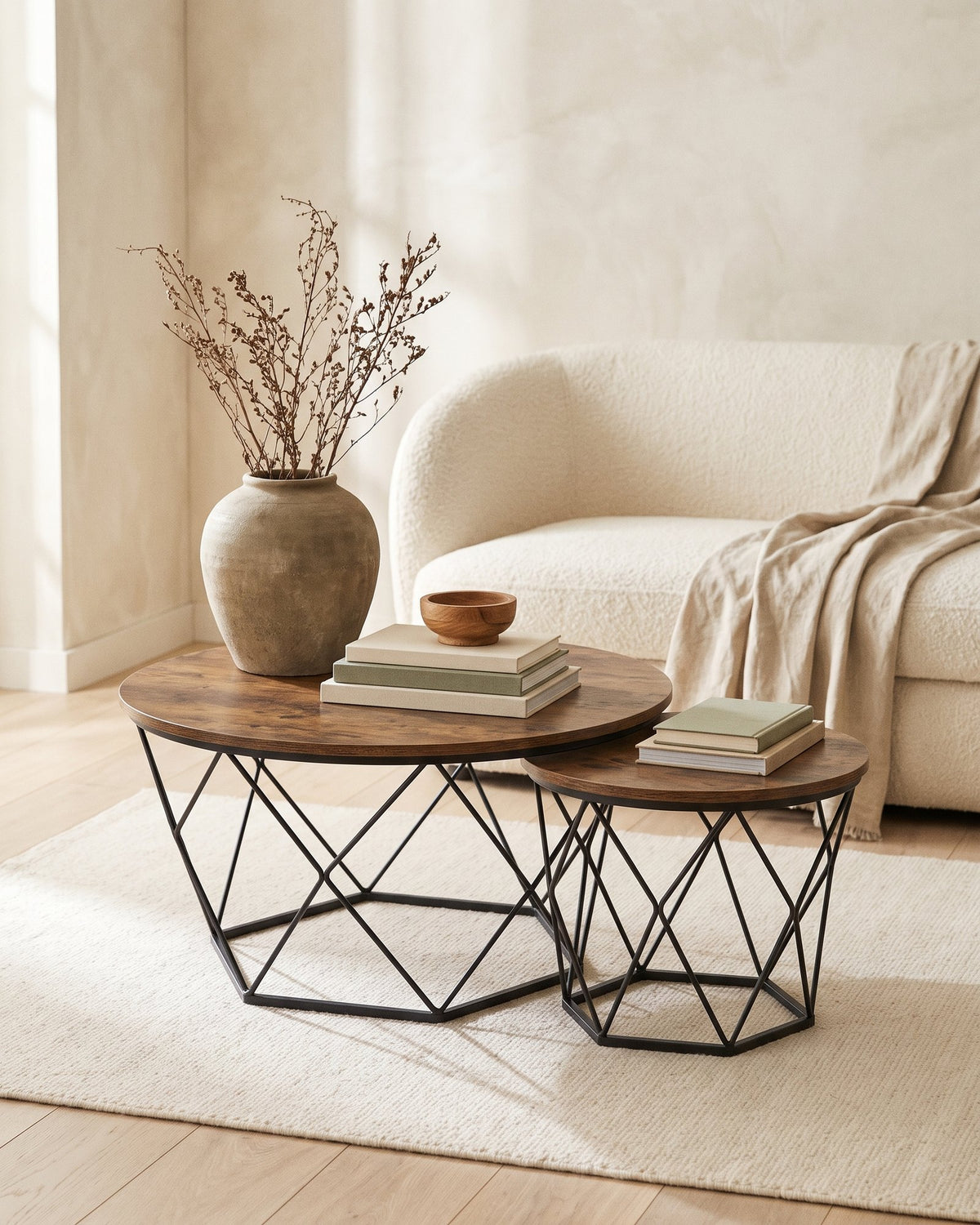 Set 2 Mesas Centro Helsinki Base Hexagonal Estilo Industrial