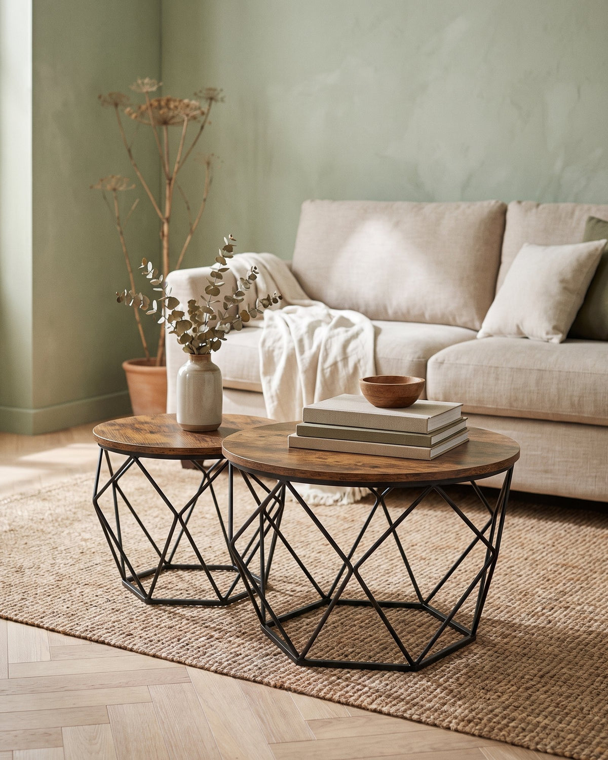 Set 2 Mesas Centro Helsinki Base Hexagonal Estilo Industrial