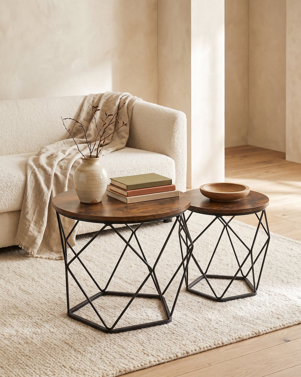 Set 2 Mesas Centro Helsinki Base Hexagonal Estilo Industrial