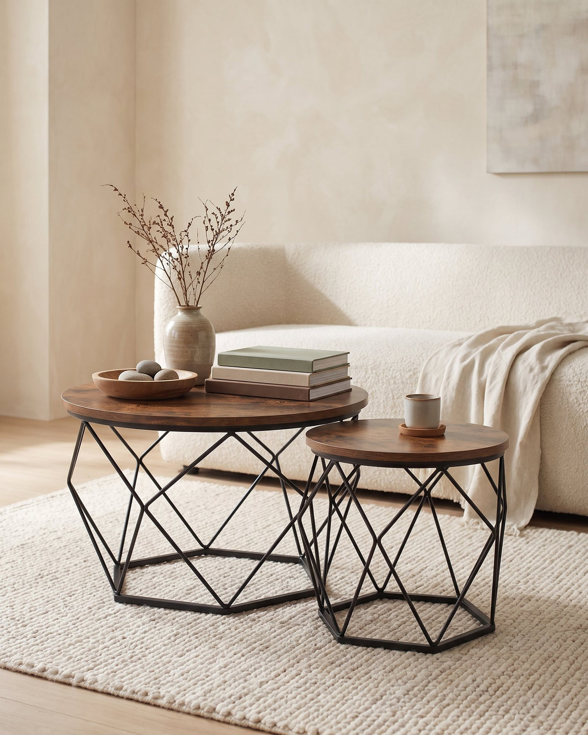 Set 2 Mesas Centro Helsinki Base Hexagonal Estilo Industrial