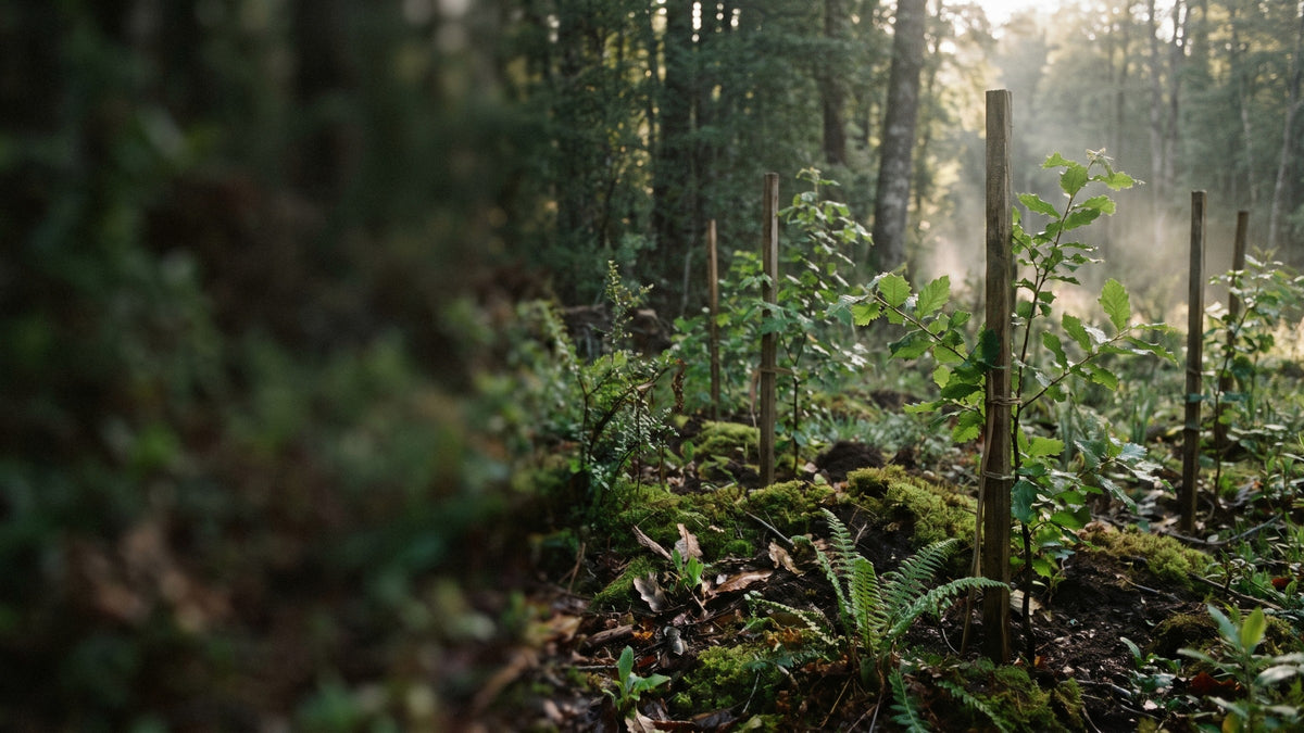 Árboles nativos recién plantados en un bosque del sur de Chile