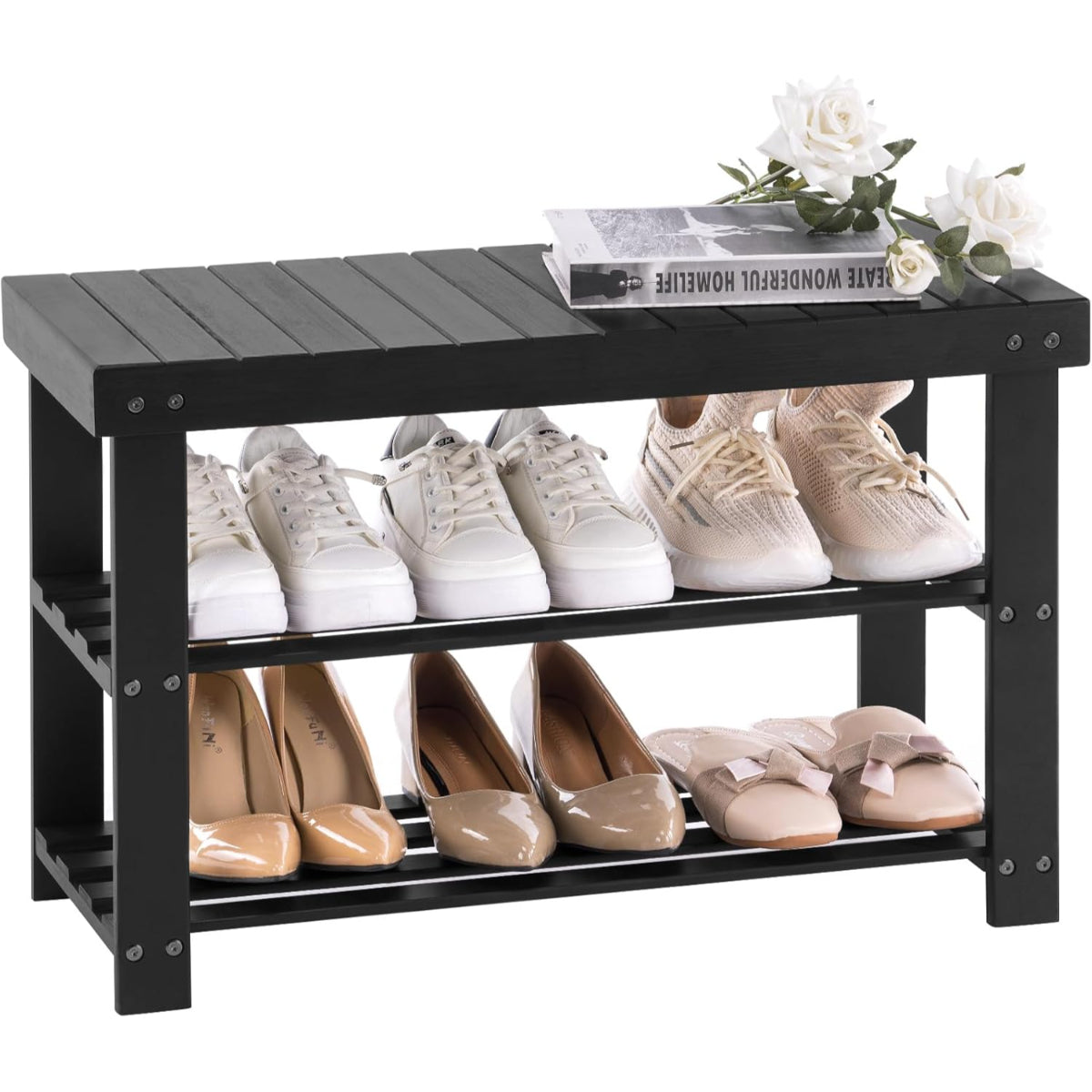 Banqueta Zapatero Bambú Negro 70x28x45cm Saunte