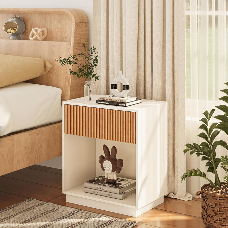 Nicho abierto · Set de 2 Veladores Blanco y Madera Acanalado Forli