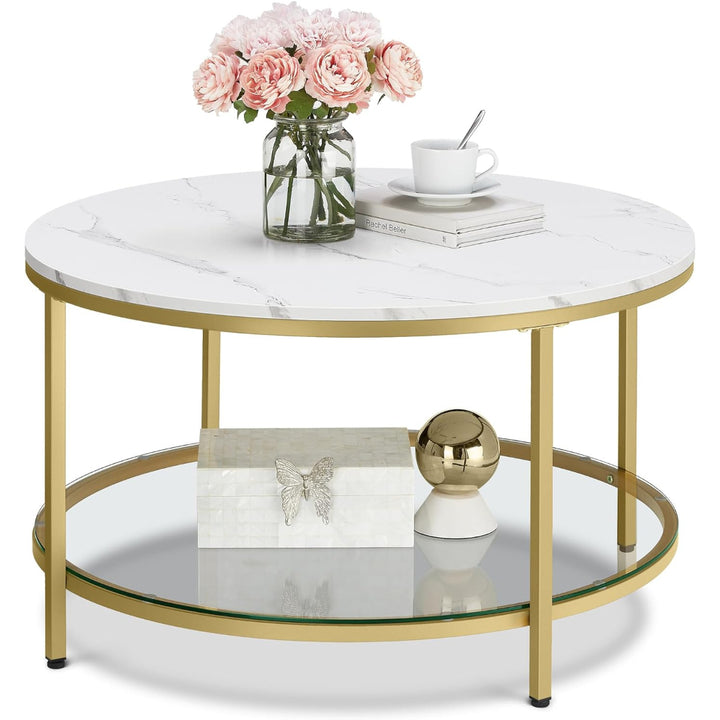 Mesa de Centro Redonda Blanca Marmolada y Dorado Ekero